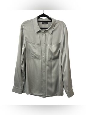 AUTOGRAPH Brand Satin Gray 100% Silk Button Down Shirt Size Euro 44 Women’s